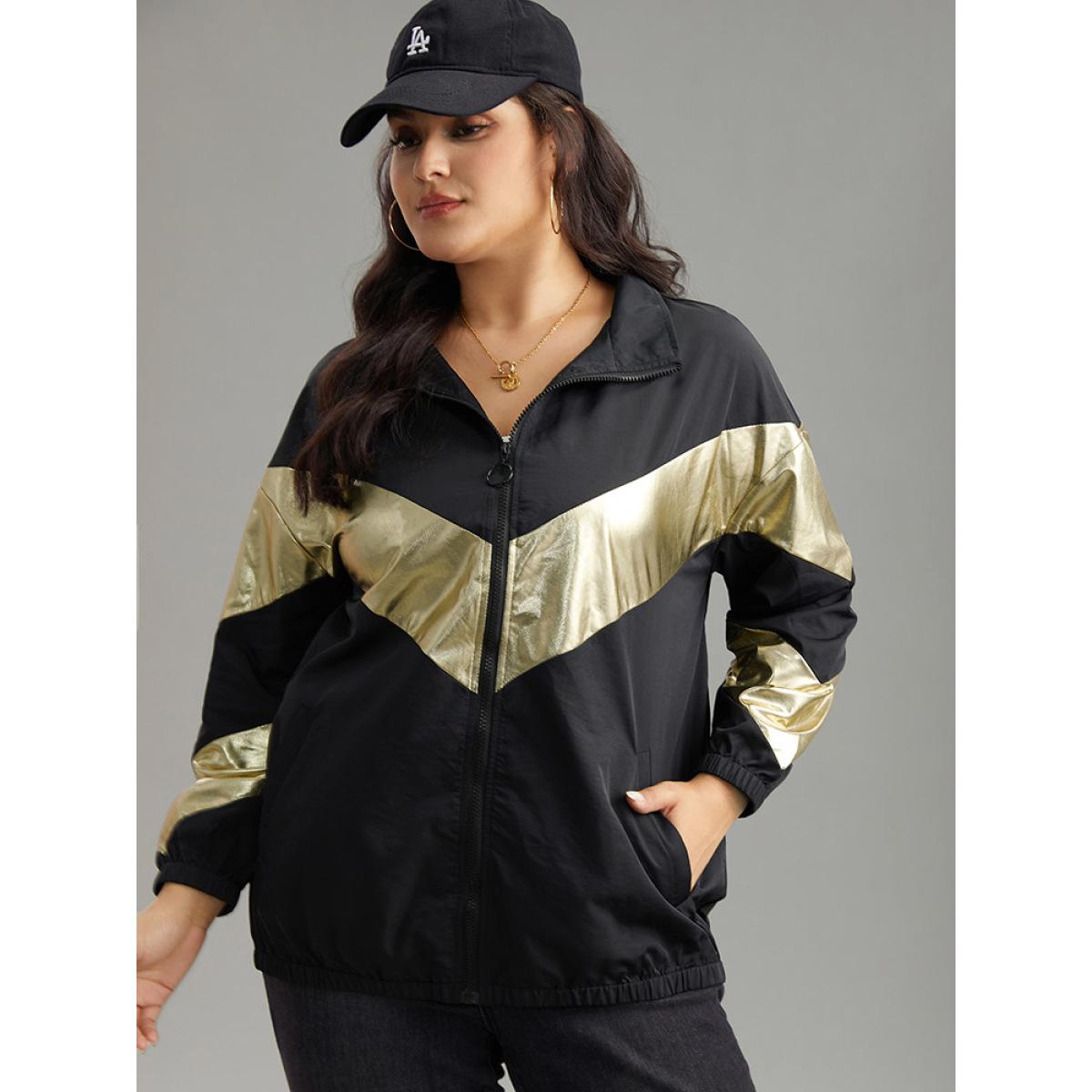 Plus Size Geometric Patchwork Contrast Zipper Jacket Women Black Elastic cuffs Pocket Dailywear Jackets BloomChic 18-20/2X Product Image