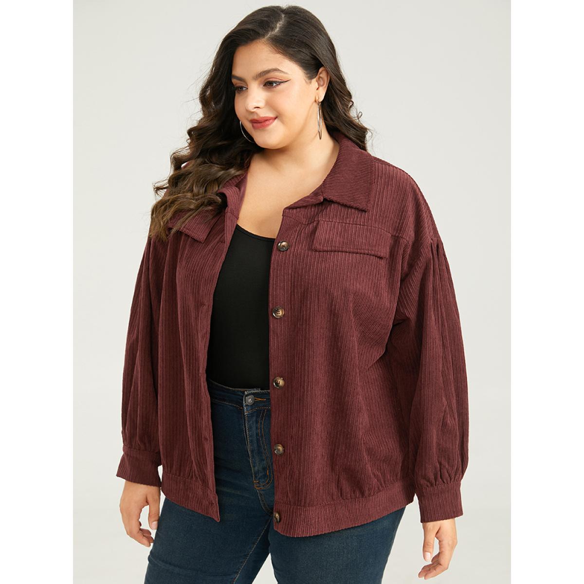 Plus Size Plain Texture Button Through Gathered Jacket Women Maroon Texture Dailywear Jackets BloomChic 12/L Product Image