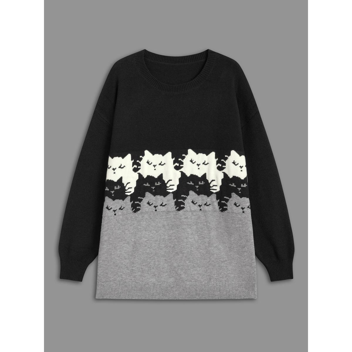 Plus Size Cat Contrast Drop Shoulder Pullover Black Women Playful Loose Long Sleeve Round Neck Casual Pullovers BloomChic 12/L Product Image
