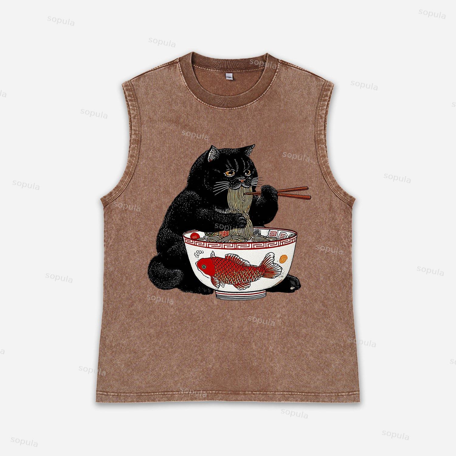 Fat Cat Eating Ramen Acid Washed Tank Top Product Image