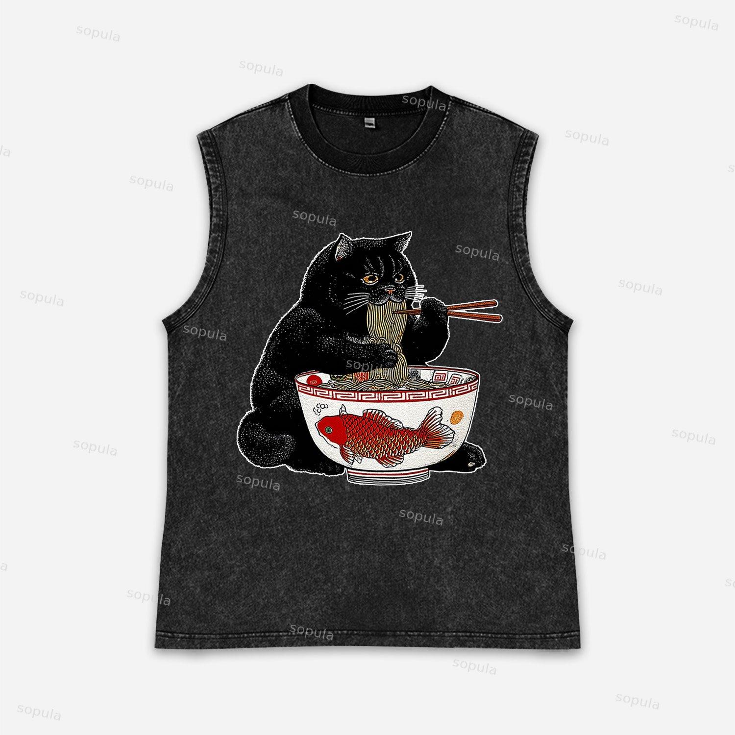 Fat Cat Eating Ramen Acid Washed Tank Top Product Image