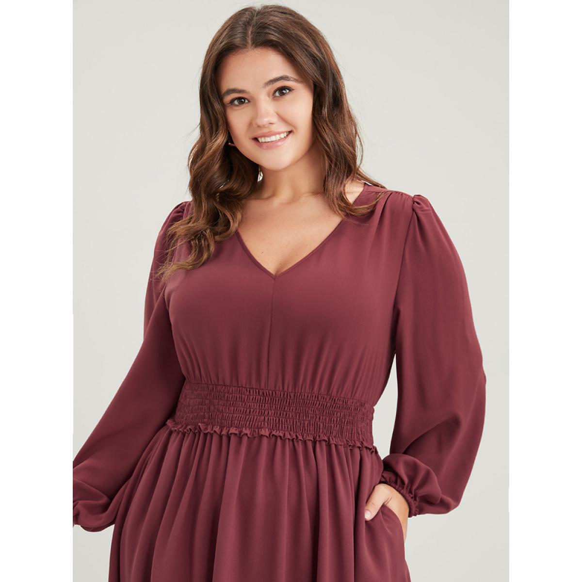 Plus Size Solid Pocket Lantern Sleeve Patchwork Ruffled Shirred Dress DustyPink Women Elegant Plain V-neck Long Sleeve Curvy Midi Dress BloomChic 12/L Product Image