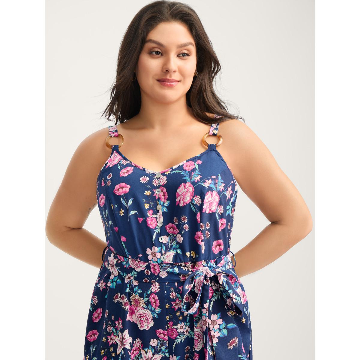 Plus Size Indigo Rosy Print Belted Pockets Jumpsuit Women Sleeveless Non Elegant Loose Jumpsuits BloomChic 12/L Product Image