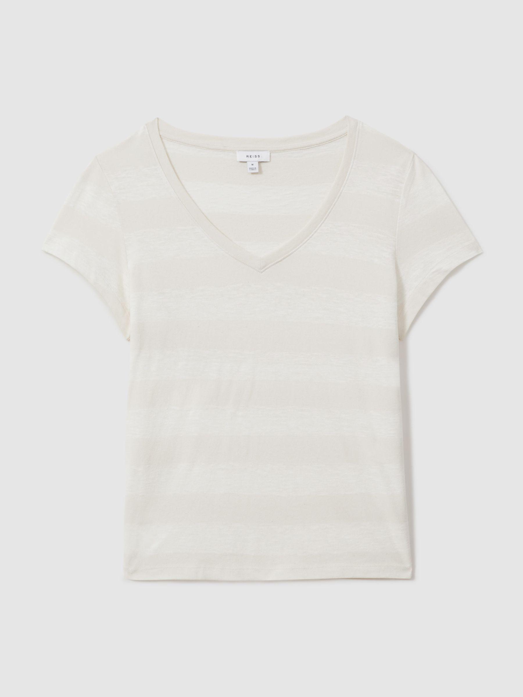 Linen-Cotton Striped V-Neck T-Shirt in Neutral/Ivory Product Image