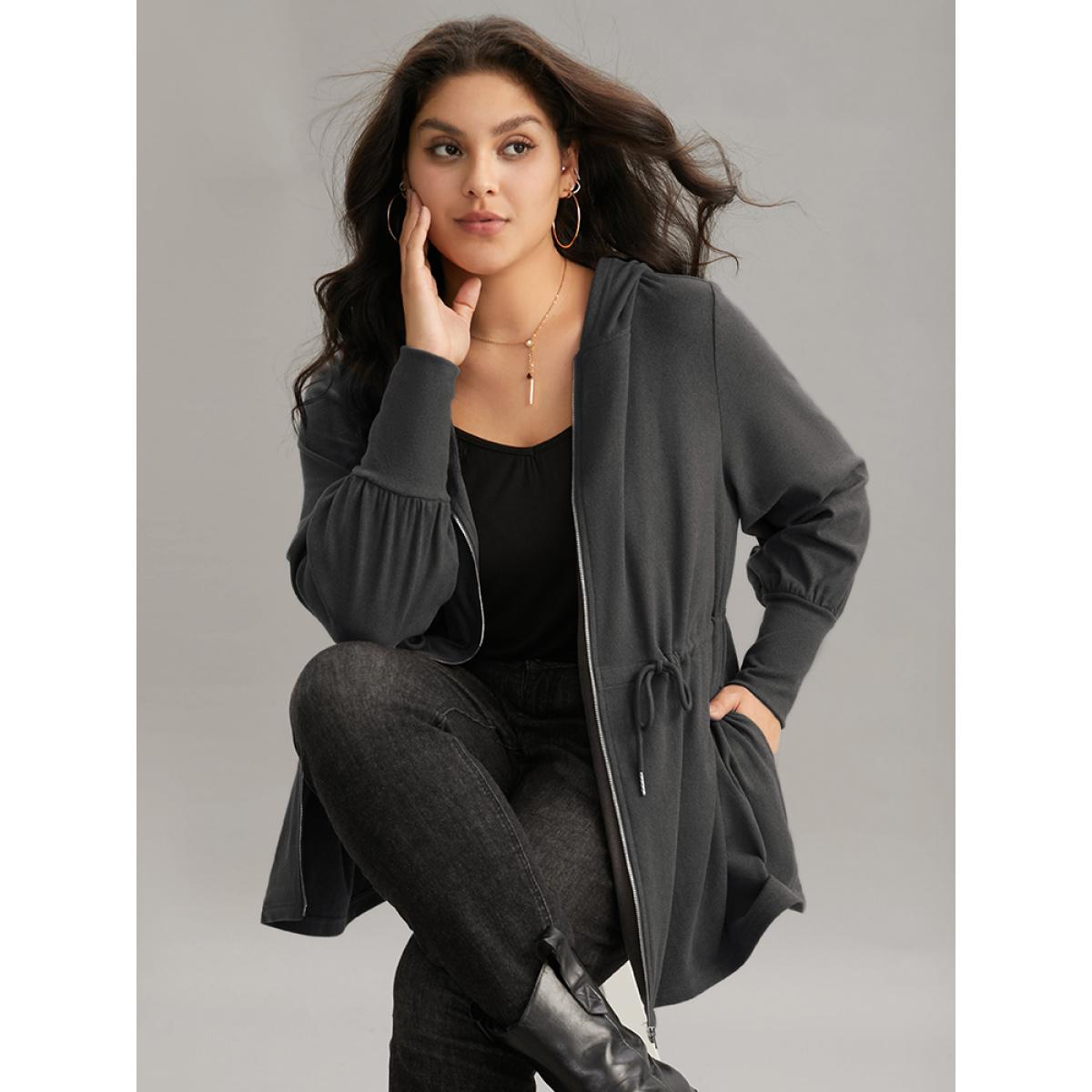 Plus Size Solid Drawstring Hooded Pocket Zipper Sweatshirt Women Gray Casual Plain Hooded Everyday Sweatshirts BloomChic 18-20/2X Product Image