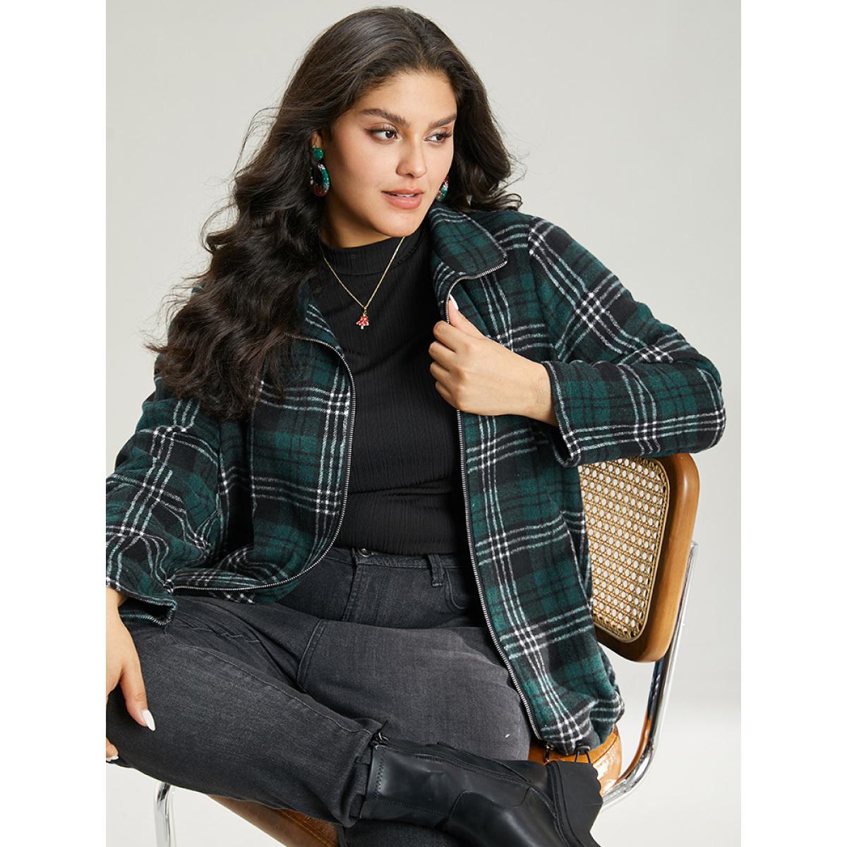 Plus Size Plaid Lapel Collar Pocket Zipper Fly Jacket Women DarkGreen Contrast Pocket Dailywear Jackets BloomChic 28/5X Product Image