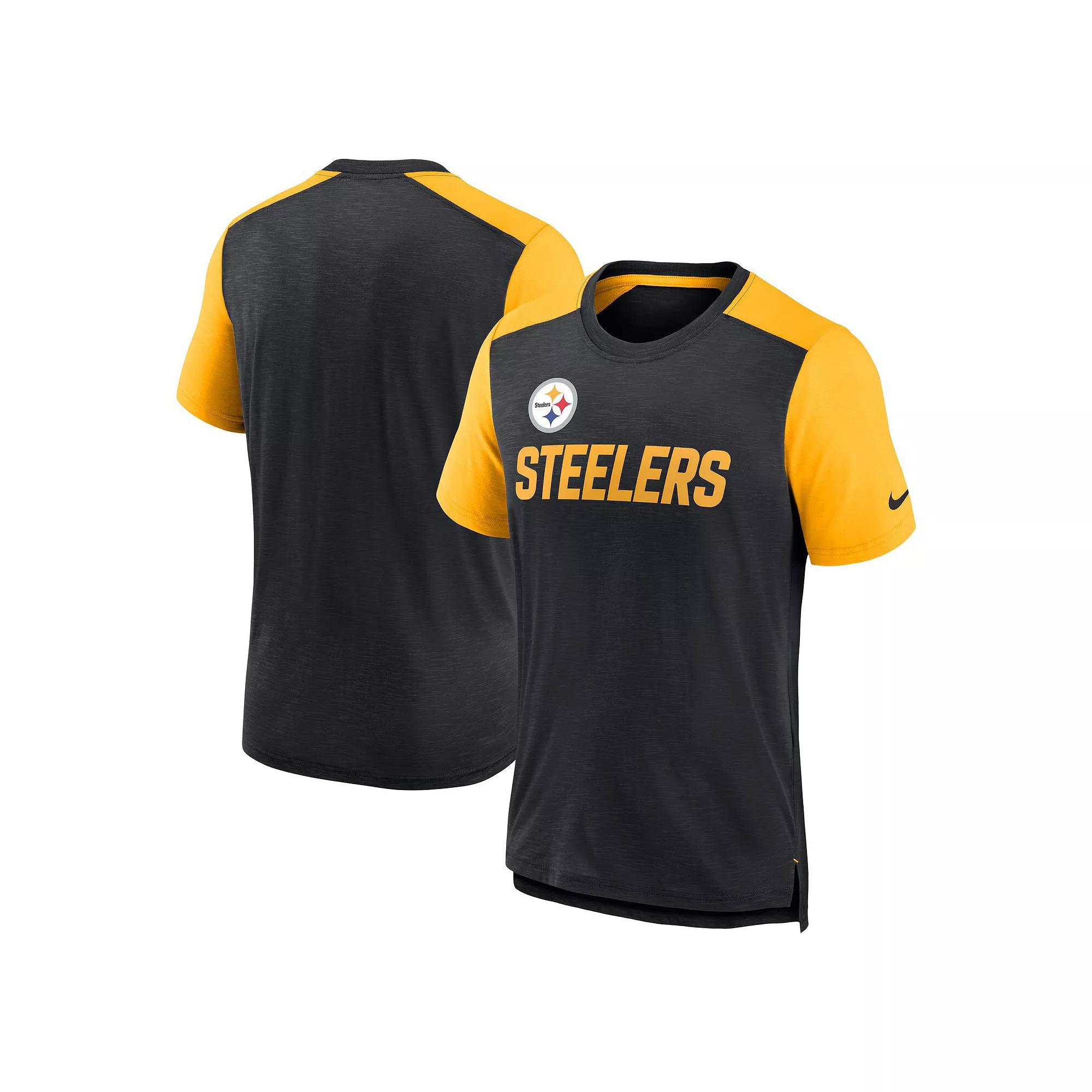 Men's Nike Heathered Black/Heathered Gold Pittsburgh Steelers Color Block Team Name T-Shirt, Size: Medium, Charco Product Image