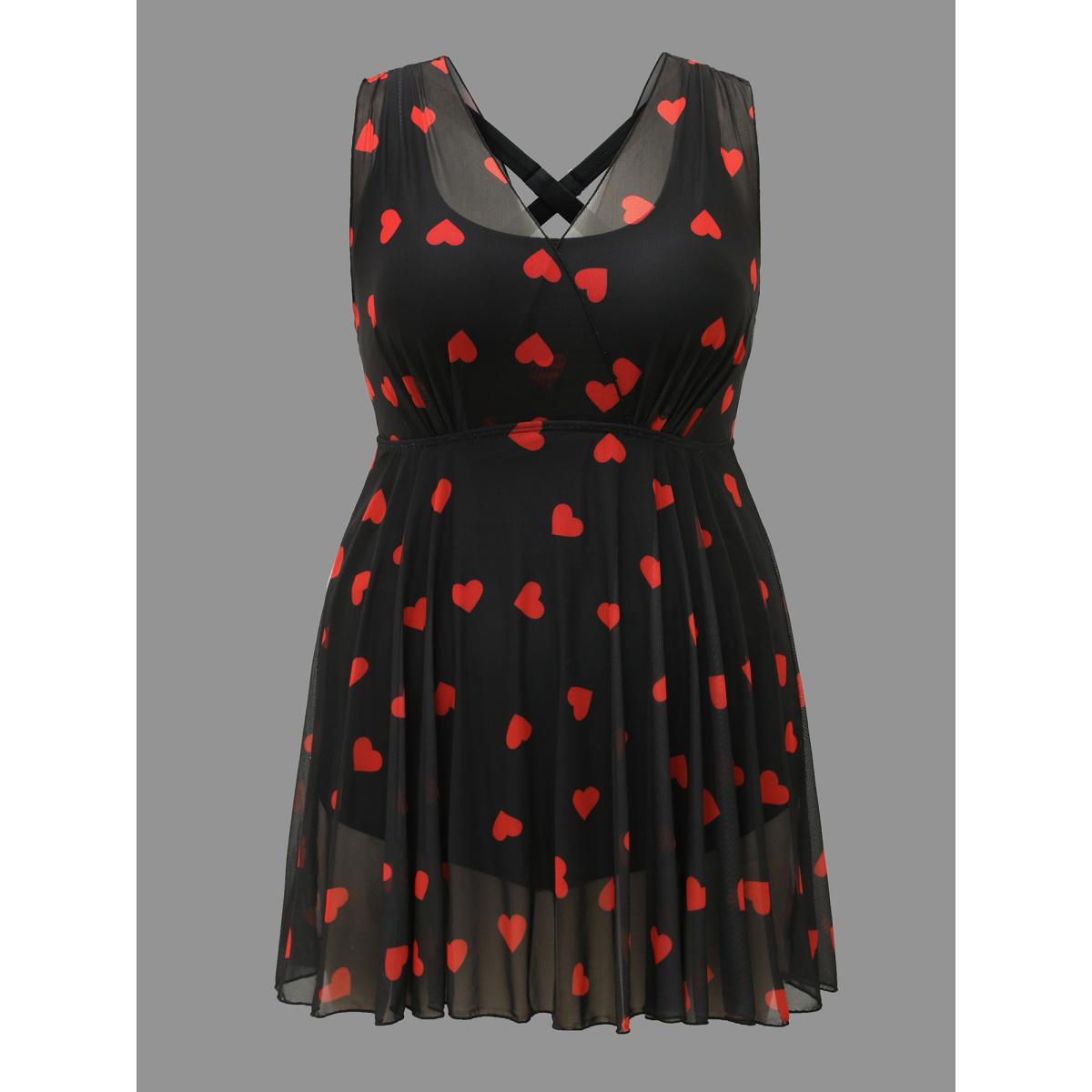 Plus Size Sheer Hearts Mesh Wrap Neck Swim Dress Women's Swimwear Black Beach Bodycon Overlap Collar High stretch Curve Swim Dresses BloomChic 26/4X Product Image