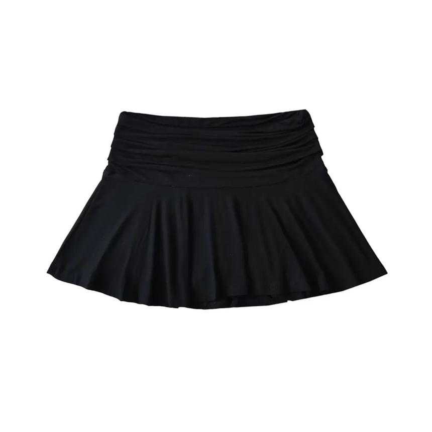 High Waist Ruched Plain Mini Pleated Skirt Product Image