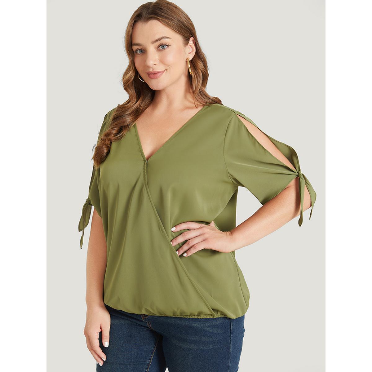 Plus Size ArmyGreen Plain Wrap Cut Out Knot Sleeve Blouse Women Office Short sleeve V-neck Dailywear Blouses BloomChic 30/6X Product Image