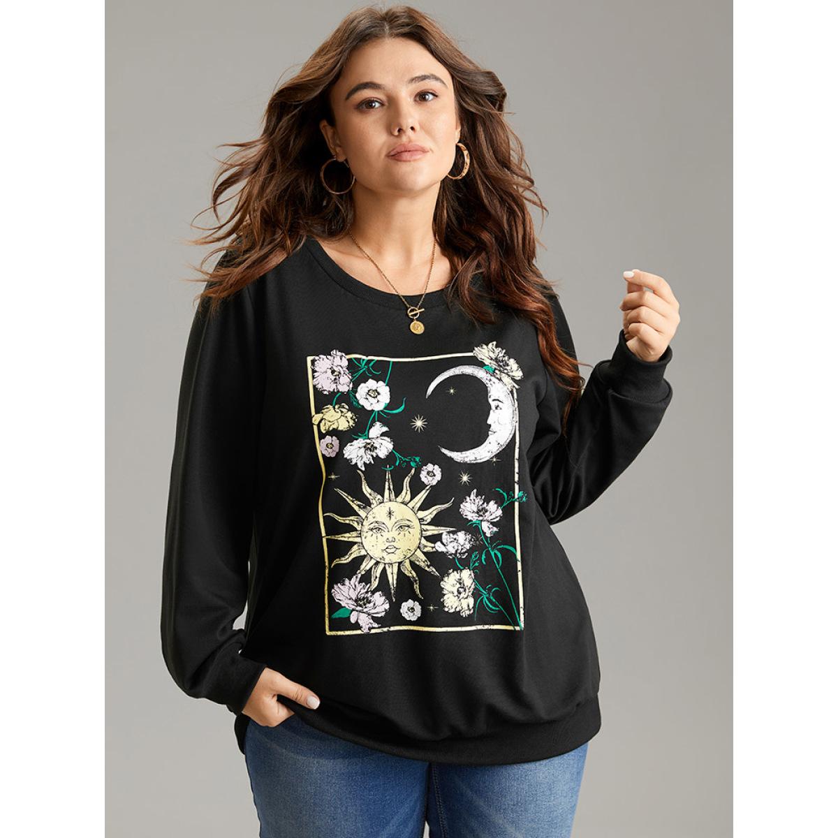 Plus Size Horoscope Print Rib Knit Round Neck Sweatshirt Women Black Casual Rib Knit Dailywear Sweatshirts BloomChic 18-20/2X Product Image