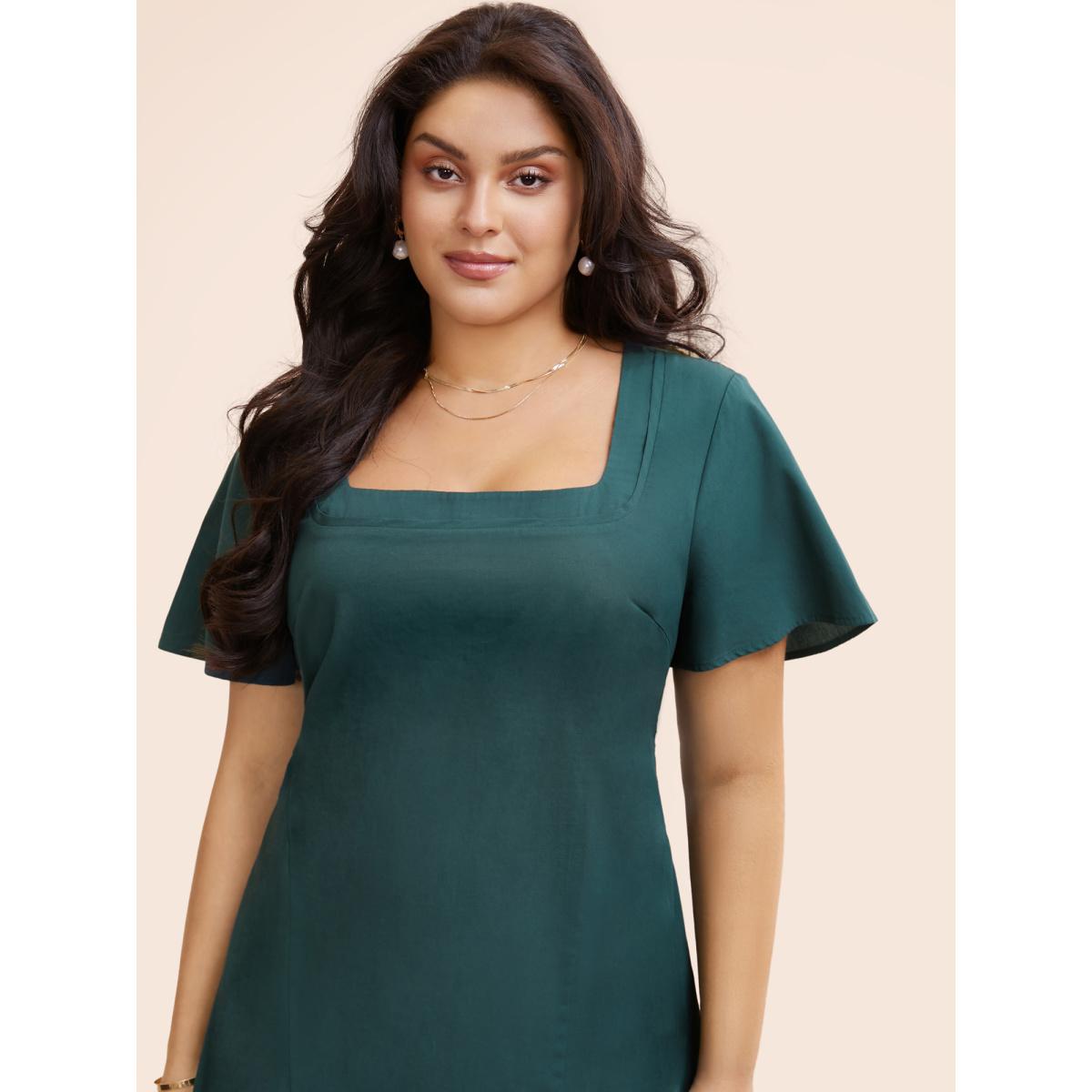 Plus Size Square Neck Ruffle Sleeve Shirred Dress ArmyGreen Women Elegant Shirred Square Neck Short sleeve Curvy BloomChic 28/5X Product Image