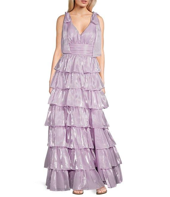 Next Up Sleeveless V-Neck 3-Layer 7 Ruffle Skirt Dress Product Image