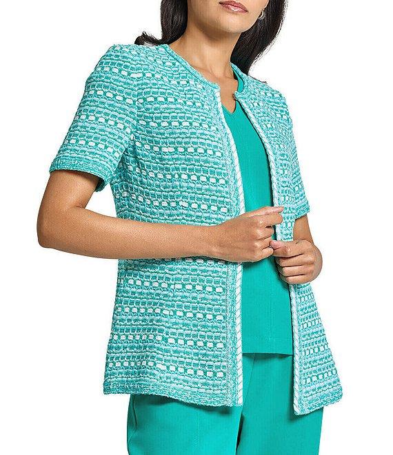 Ming Wang Multi-Stitch Knit Crew Neck Short Sleeve Tailored Jacket Product Image