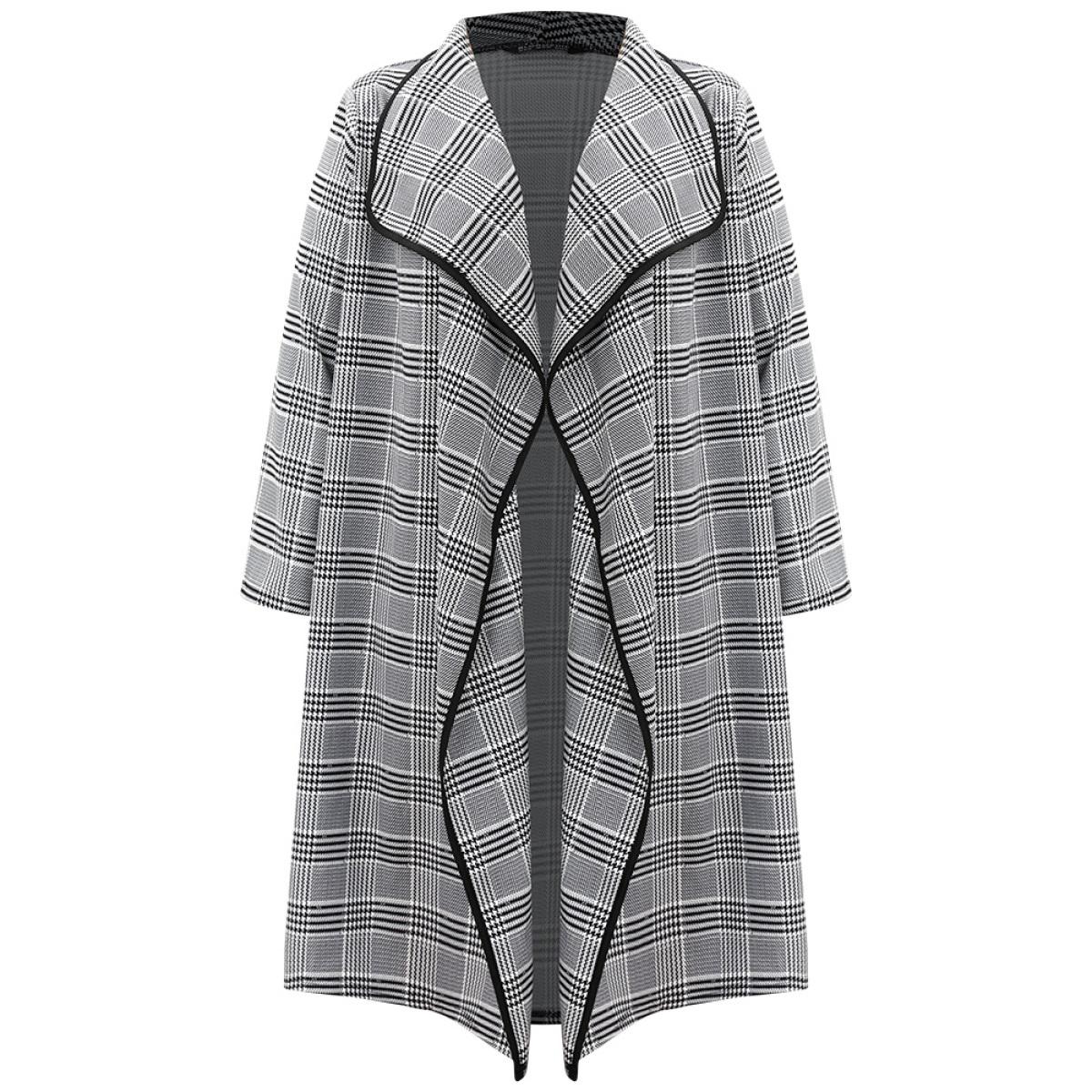 Plus Size Plaid Asymmetrical Neck Open Front Coat Women Black At the Office Contrast Ladies Work Winter Coats BloomChic 22-24/3X Product Image