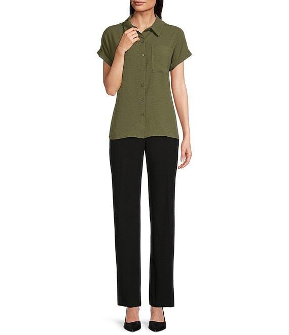 Calvin Klein Puckered Woven Short Cuffed Sleeve Button Front Point Collar Top Product Image