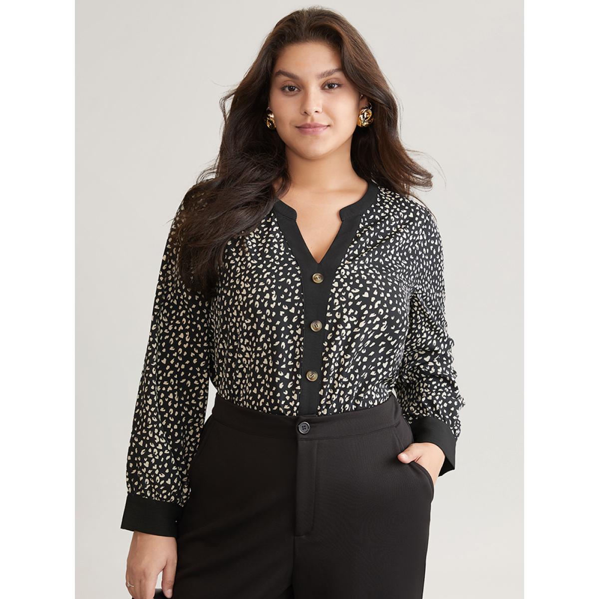Plus Size Black Leopard Print Button Through Notched Blouse Women Office Long Sleeve V-neck Work Blouses BloomChic 18-20/2X Product Image
