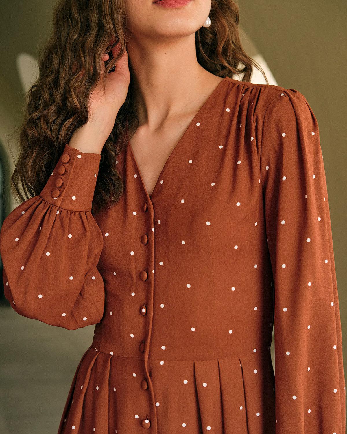 Brown Polka Dot Pleated Midi Dress Female Product Image