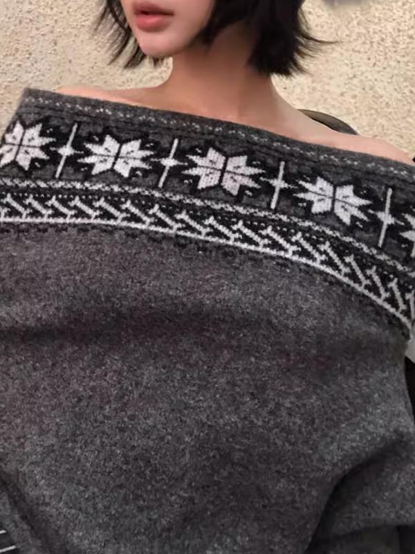 Retro Fair Isle Jacquard One-Shoulder Sweater Product Image