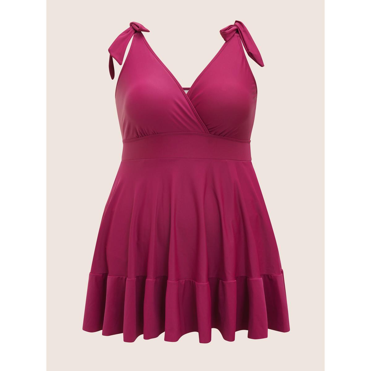 Plus Size Solid Tie Knot Pocket Ruffles Swim Dress Women's Swimwear RedViolet Beach Bodycon Overlap Collar High stretch Curve Swim Dresses BloomChic 12/L Product Image