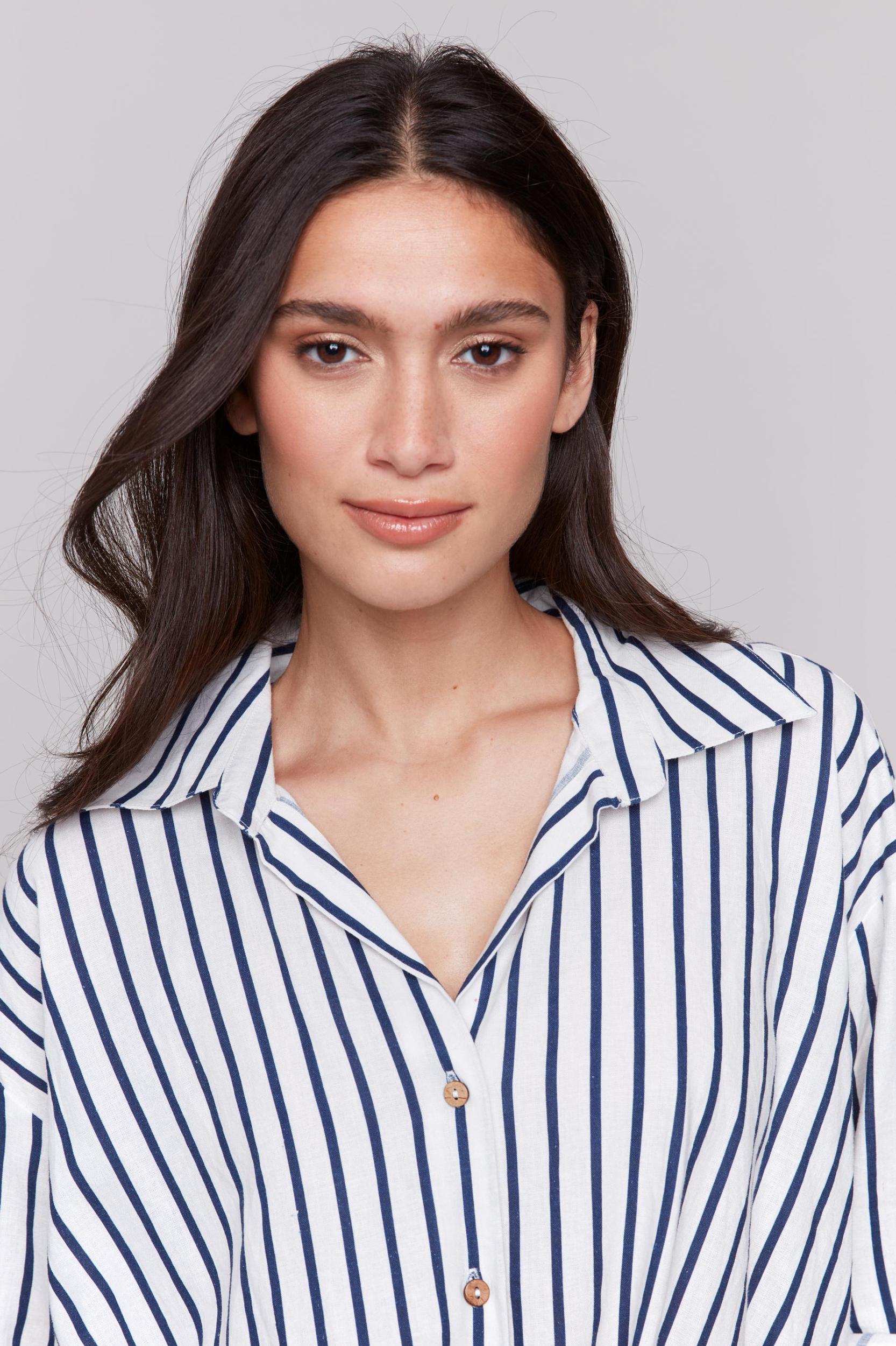 Striped Roll Up Sleeves Blouse with Front Twist Product Image