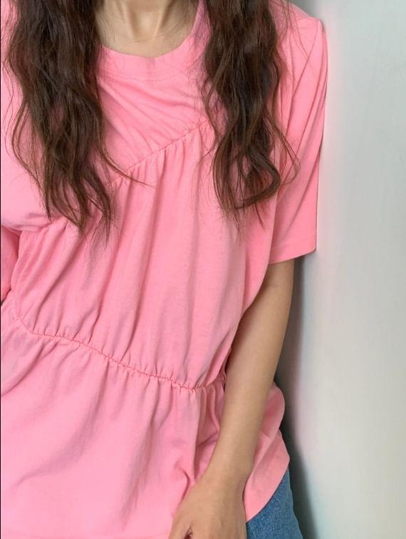 Short Sleeve Plain Ruched Loose-Fit T-Shirt Product Image
