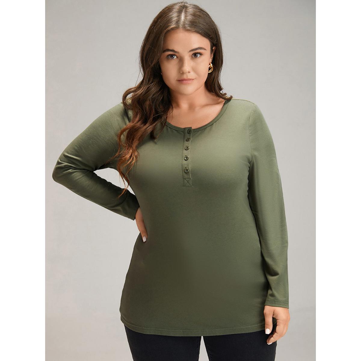 Plus Size Cotton Solid Button Down T-shirt ArmyGreen Women Elegant Plain Plain Round Neck Dailywear T-shirts BloomChic 18-20/2X Product Image