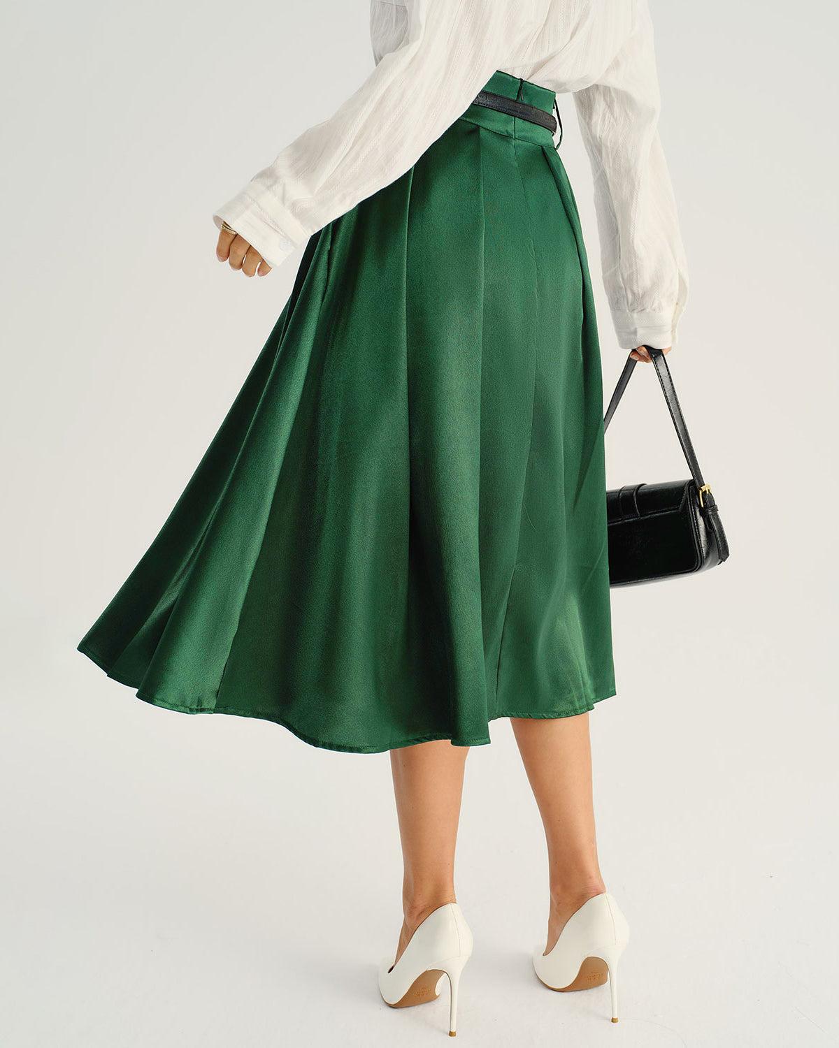 Green Pocket Flared Midi Skirt Product Image