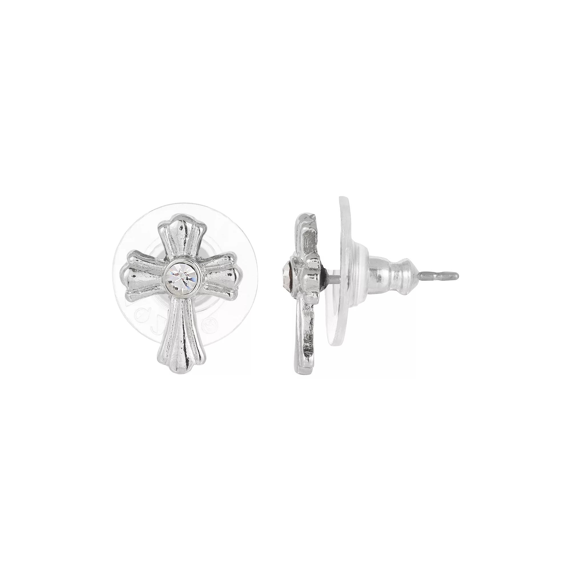 Symbols of Faith Silver-Tone Crystal Cross Stud Earrings, Womens, Silver Tone Product Image