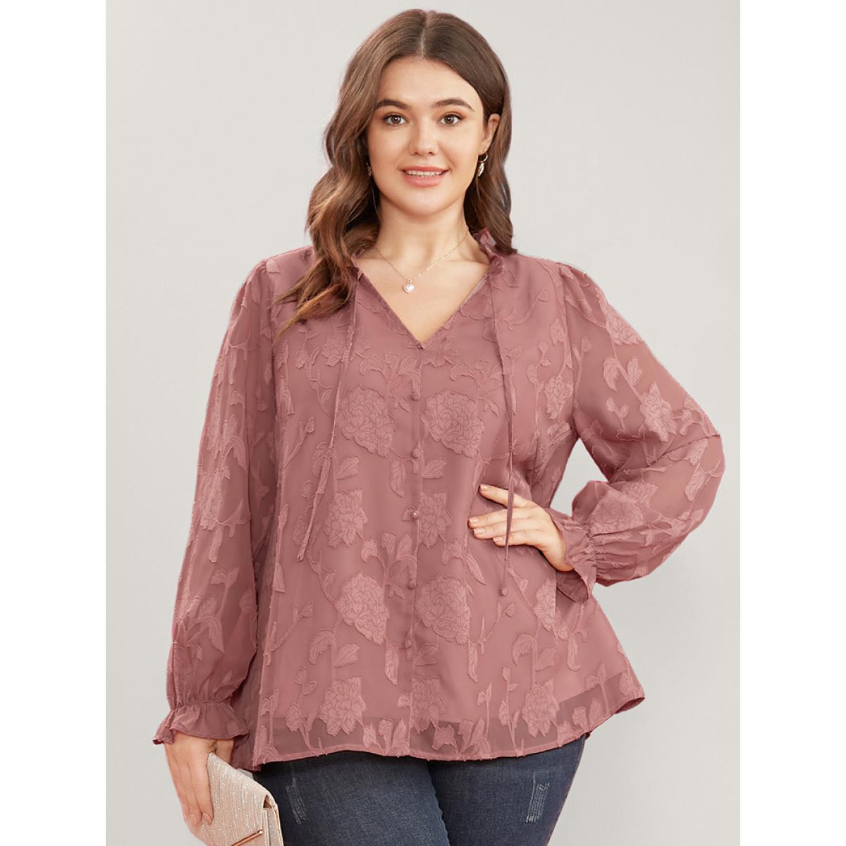 Plus Size DustyPink Floral Print Tie Neck Frill Trim Lantern Sleeve Blouse Women Glamour Long Sleeve V-neck Dailywear Blouses BloomChic 10/M Product Image