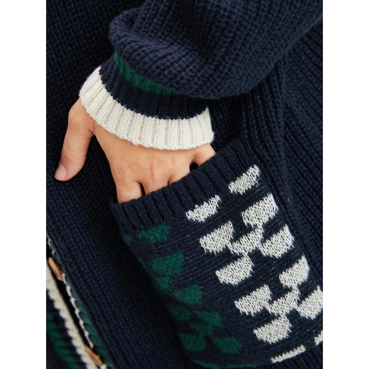 Plus Size Contrast Trim Pointelle Knit Button Front Pocket Jacquard Cardigan DarkBlue Women Casual Loose Long Sleeve Dailywear Cardigans BloomChic 14-16/1X Product Image