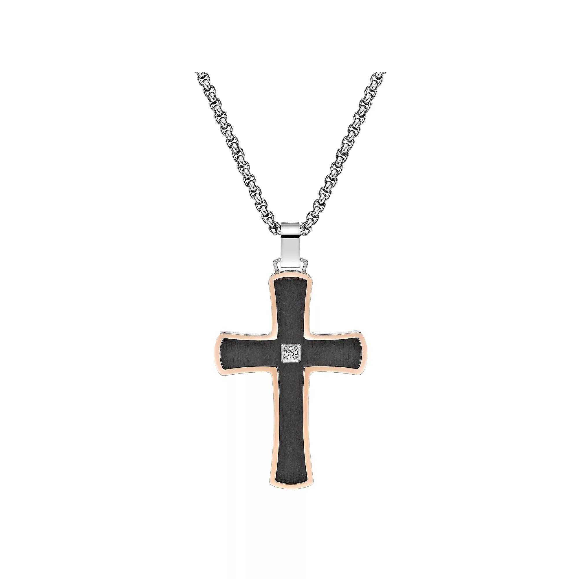 LYNX Men's Two Tone Stainless Steel Cubic Zirconia Cross Pendant Necklace, Size: 24" Product Image