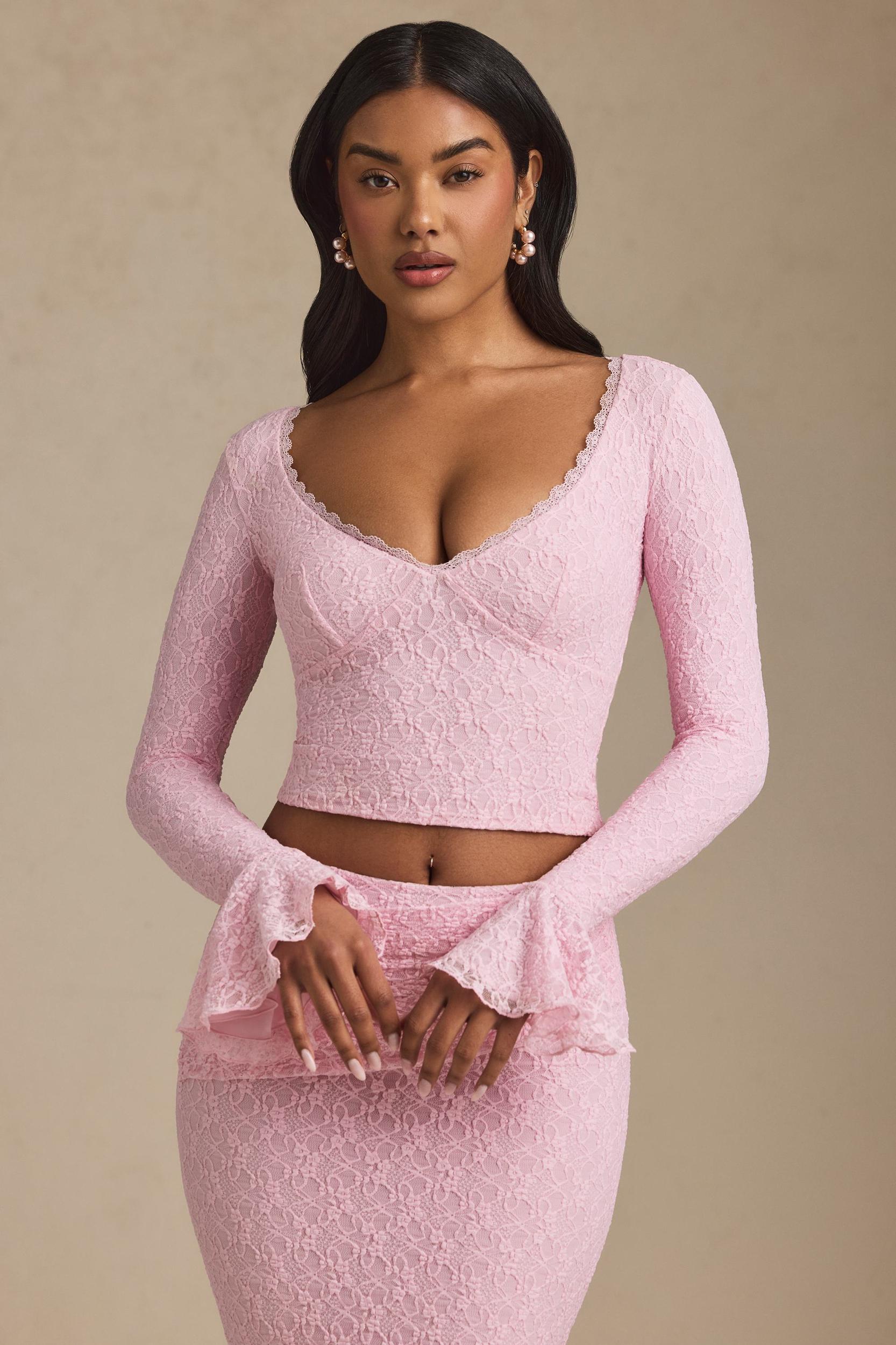 Ruffle Long-Sleeve Lace Top in Soft Pink Product Image