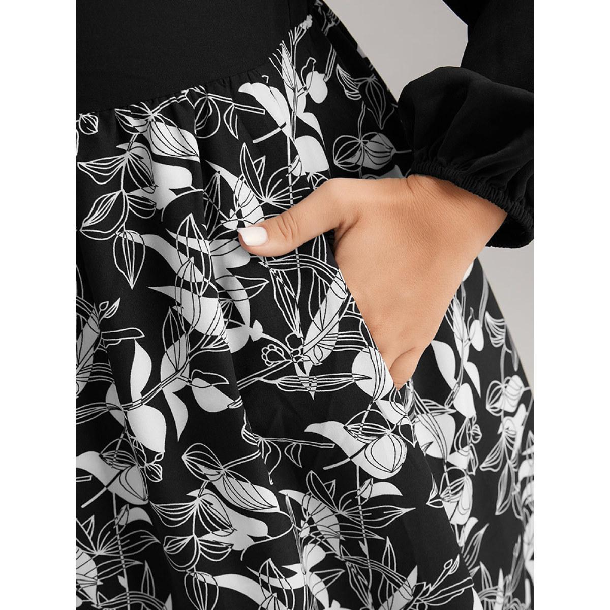 Plus Size Floral Print Ruched Bowknot Patchwork Dress Black Women Elegant Elastic cuffs Square Neck Long Sleeve Curvy Midi Dress BloomChic 18-20/2X Product Image