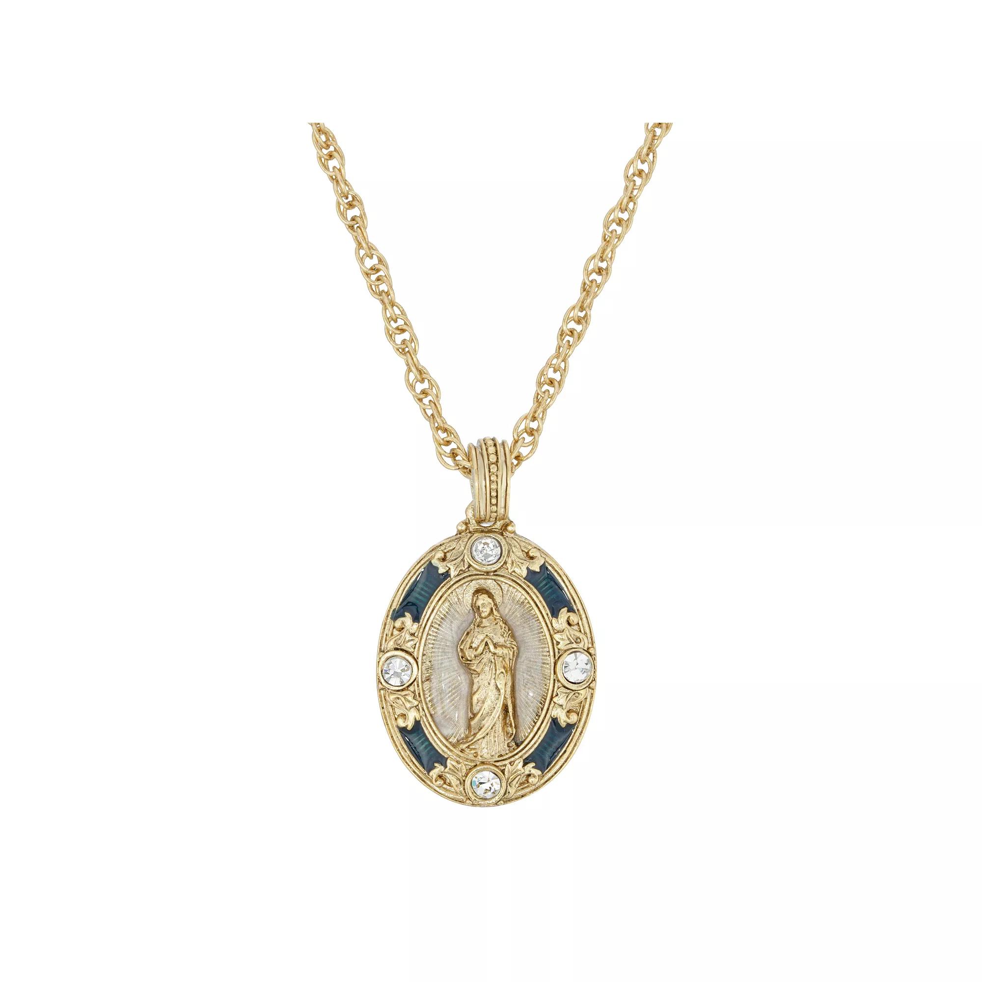 1928 Gold Tone Simulated Crystal Virgin Mary Pendant Necklace, Womens, Blue Product Image