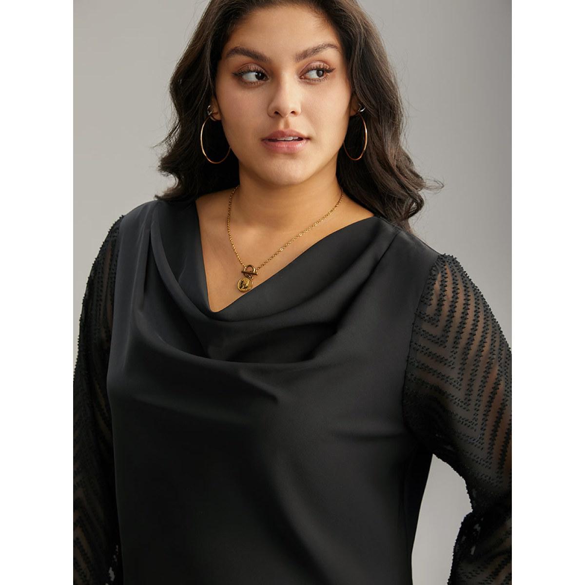 Plus Size Black Patchwork Mesh Texture Cowl Neck Blouse Women Office Long Sleeve Cowl Neck Work Blouses BloomChic 12/L Product Image