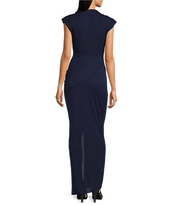 Betsy & Adam Matte Jersey Mock Neck Sleeveless Ruched Sheath Gown Product Image