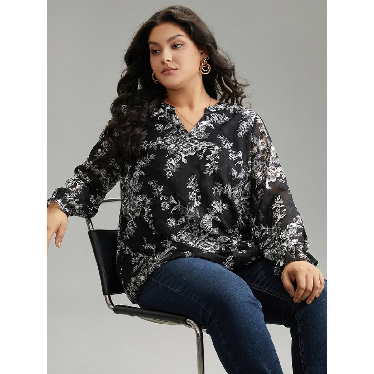 Plus Size Black Silhouette Floral Print Mesh Chiffon Blouse Women Elegant Long Sleeve Notched collar Everyday Blouses BloomChic 28/5X Product Image