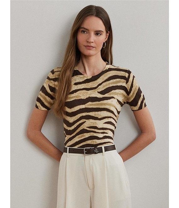 Lauren Ralph Lauren Linen-Cotton Zebra Print Ribbed Crew Neck Short Sleeve Sweater Product Image