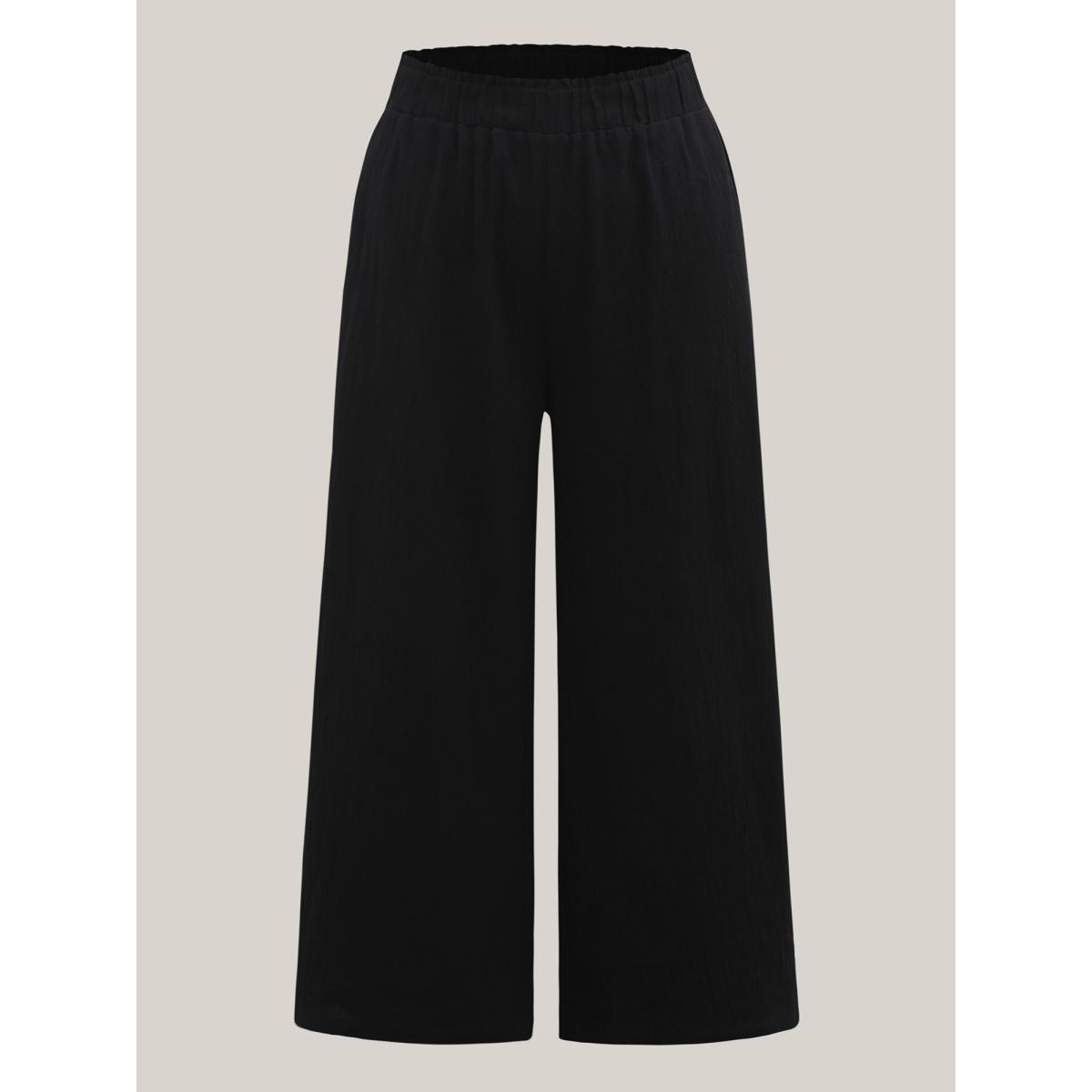 Plus Size Shirred Waist Wide-Leg Spliced Pants Women Black Boho Wide Leg Mid Rise Vacation Pants BloomChic 10/M Product Image