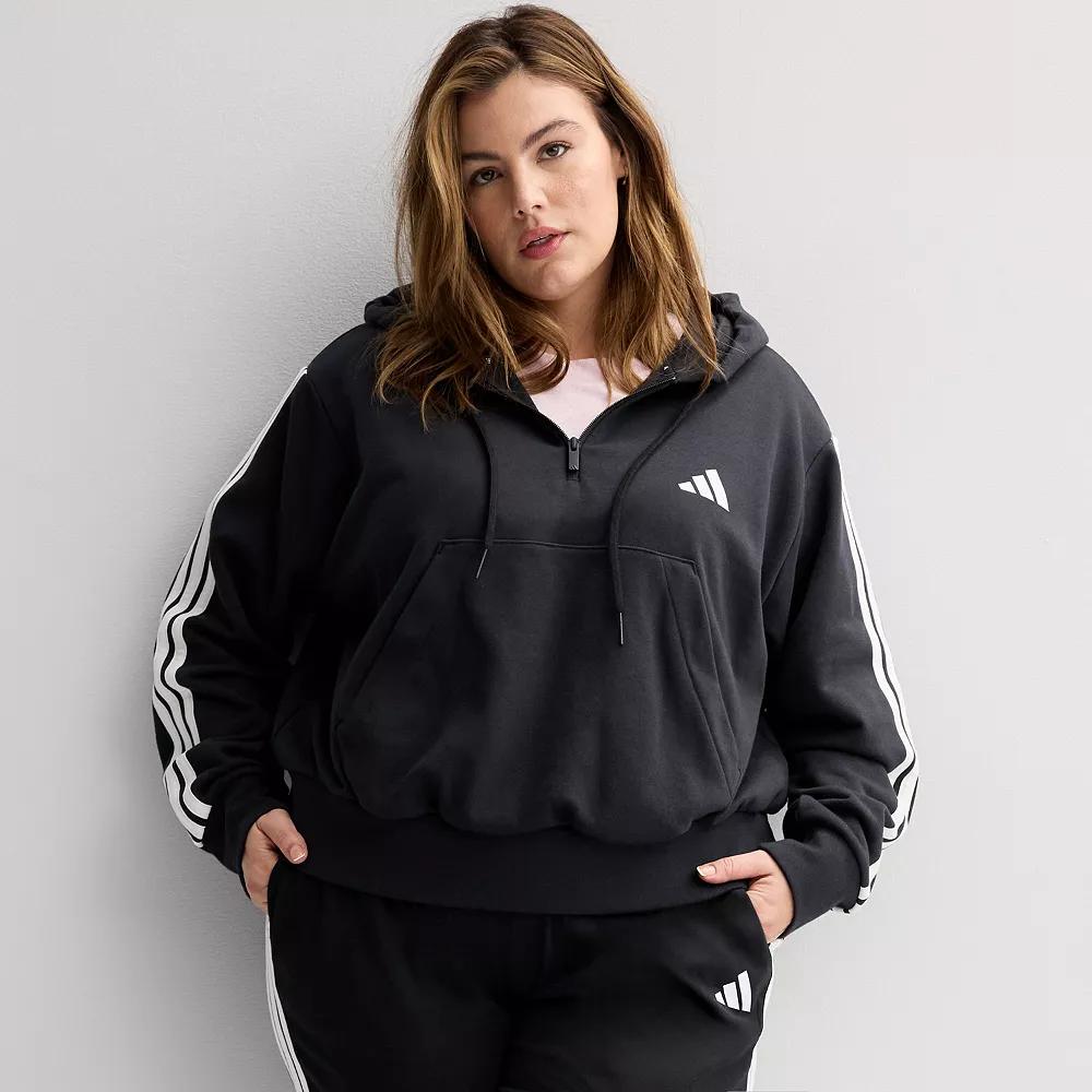 Women's adidas Essentials 3-Stripes Quarter-Zip Hoodie, Size: 3XL, Black White Product Image