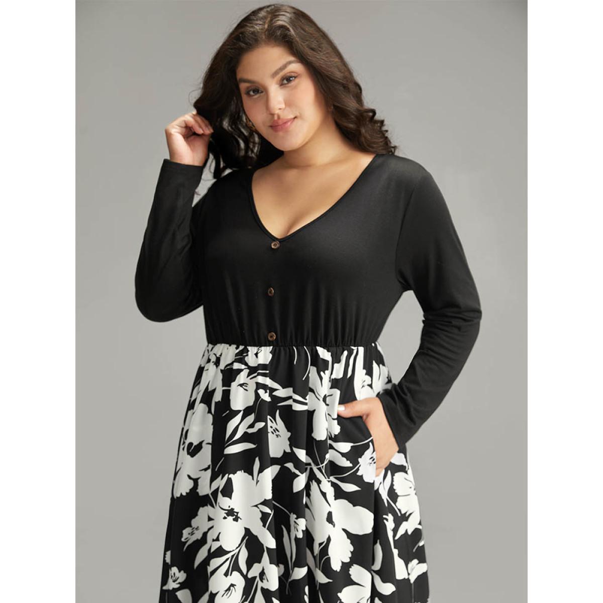Plus Size Silhouette Floral Print Patchwork Button Detail Dress Black Women Elegant Printed V-neck Long Sleeve Curvy Midi Dress BloomChic 18-20/2X Product Image