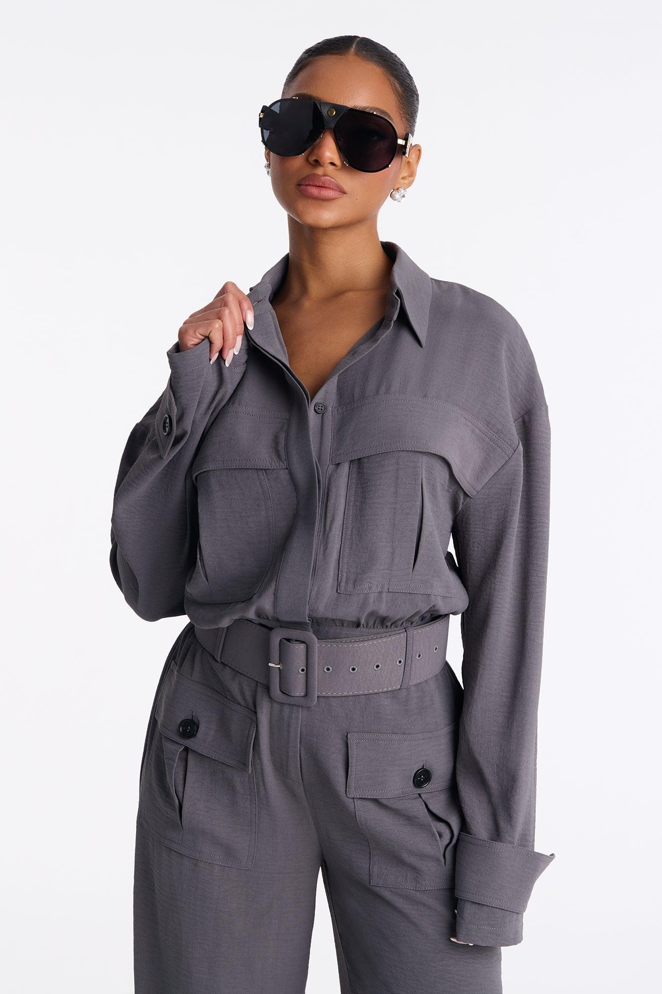 Mia Utility Belted Wide Leg Jumpsuit - Charcoal Female Product Image