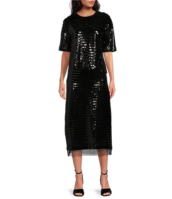 Le' AL.X Sequin Knit High Rise Sheath Slip Midi Sheer Hem Coordinating Skirt Product Image