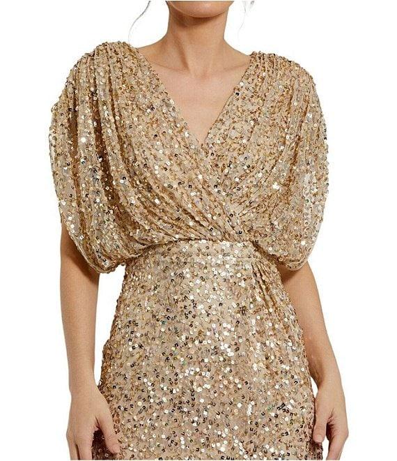 Mac Duggal Sequin Surplice V-Neck Draped 3/4 Sleeve Blouson Bodice Sheath Gown Product Image