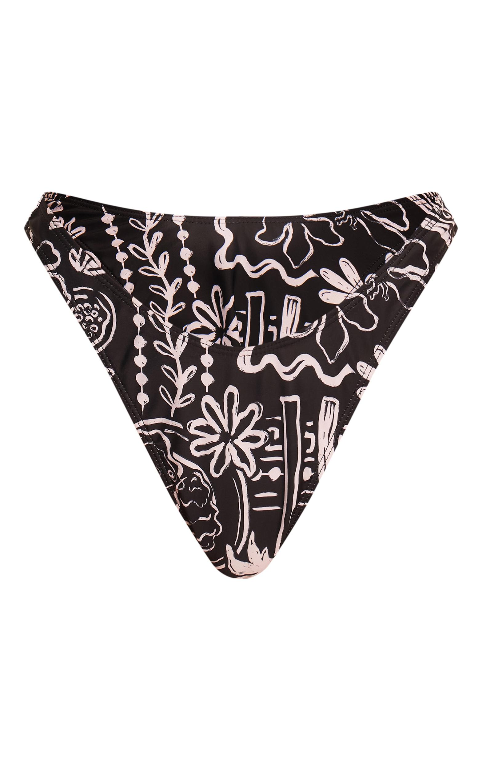 Black Monochrome Floral Tanga Bikini Bottoms Product Image