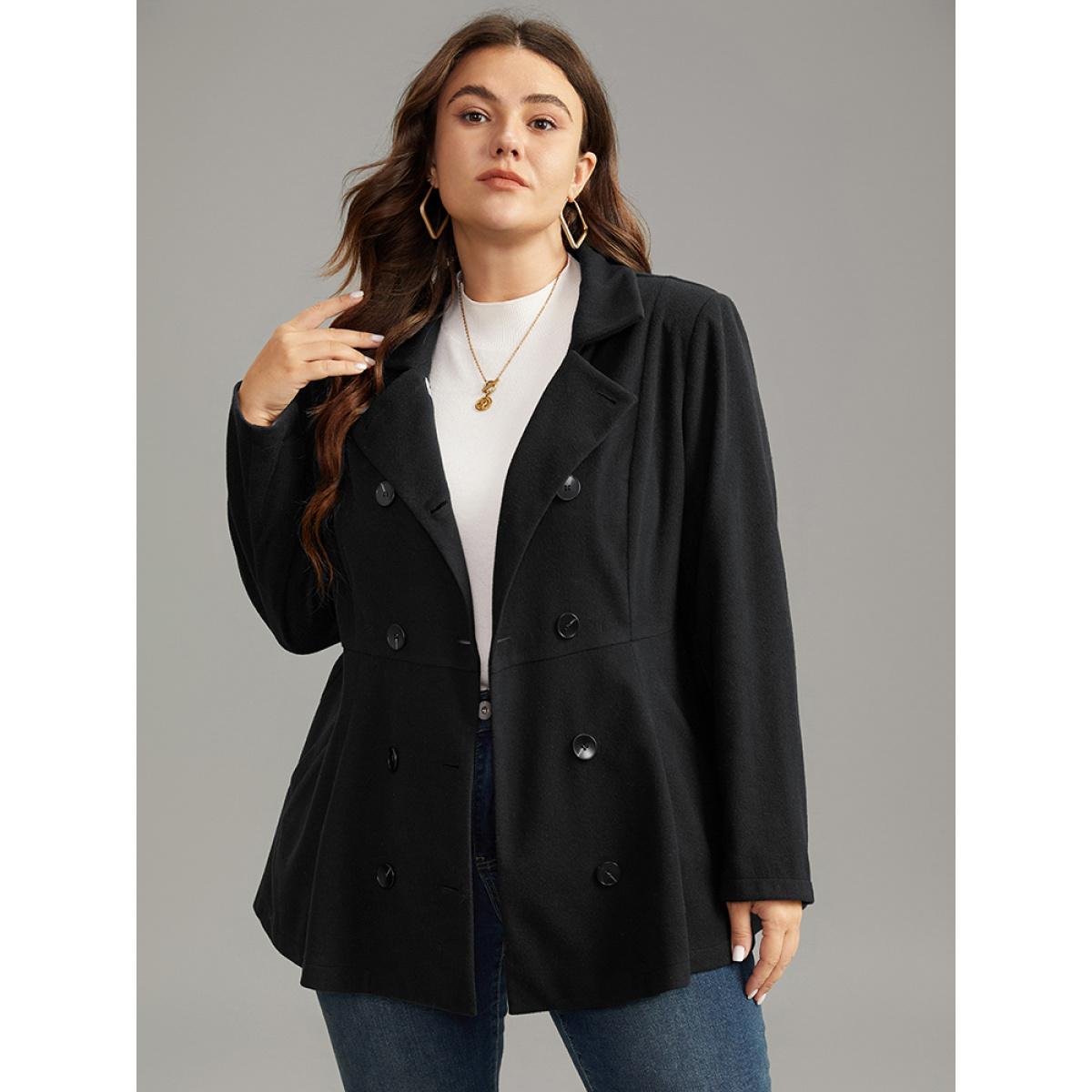 Plus Size Lapel Collar Double Breasted Blazer Black Women Dailywear Plain Plain Sleeve Long Sleeve Lapel Collar 12/L Pocket Casual Blazers BloomChic Product Image