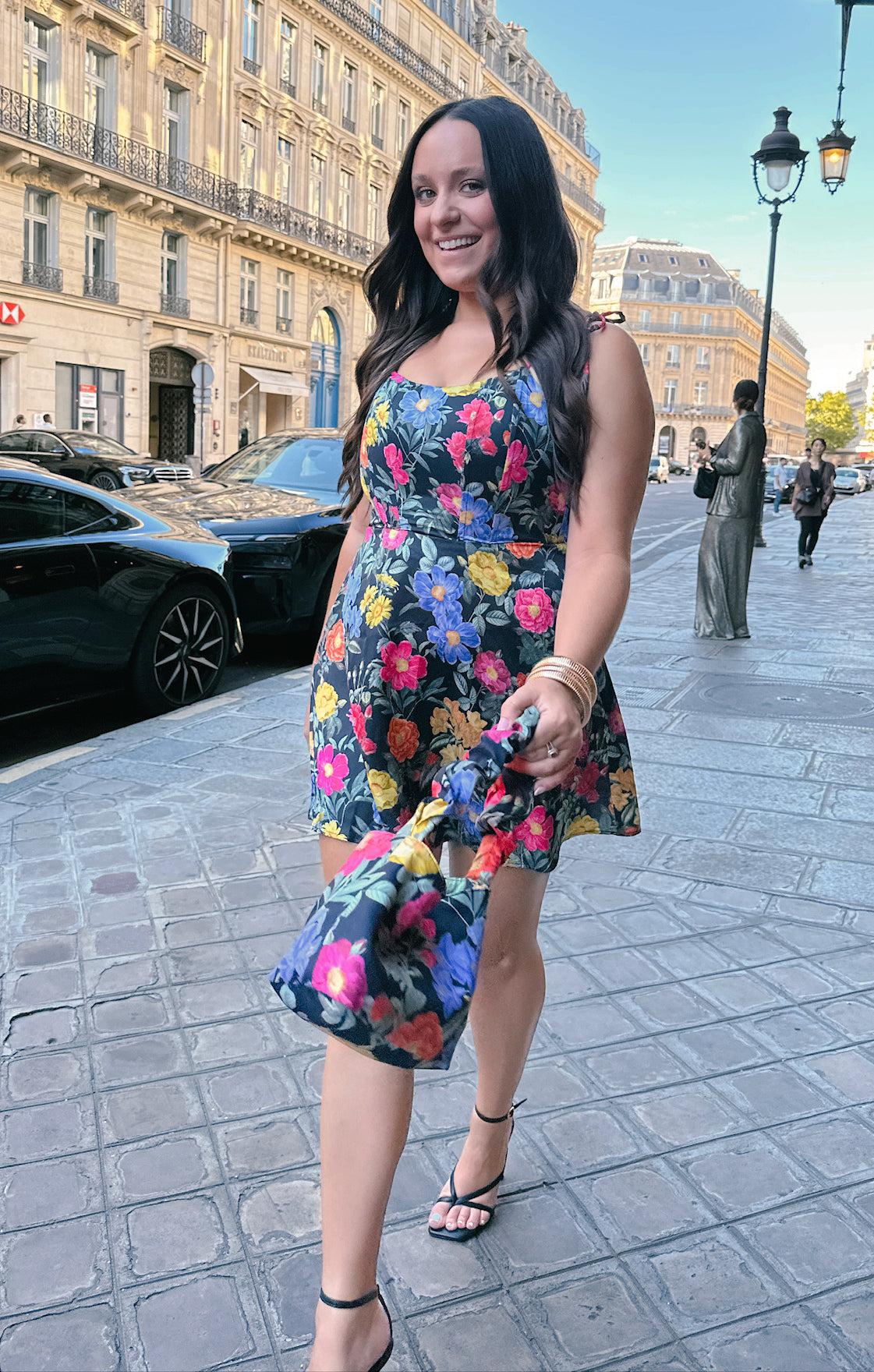 Julie Mini Dress ~ Charm Peony Black Luxe Satin Product Image