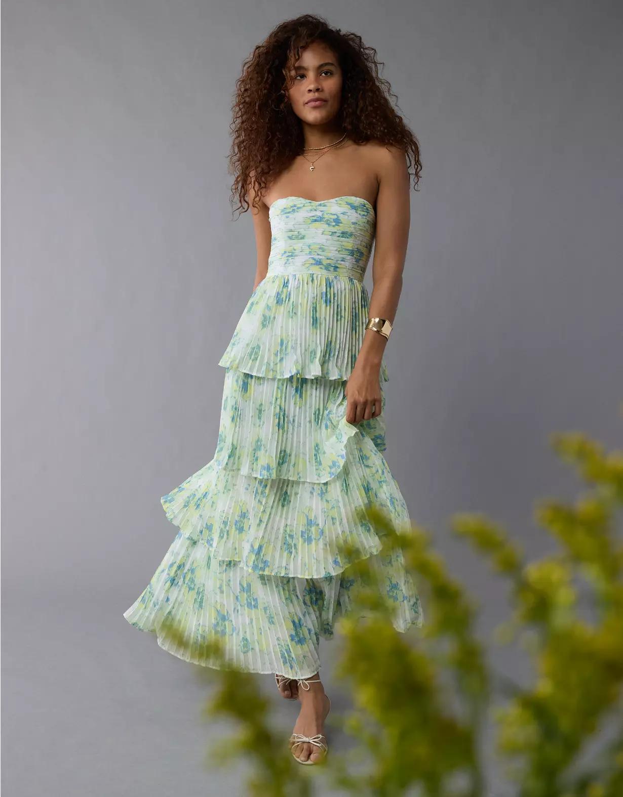 AE Tiered Pleated Maxi Dress Product Image