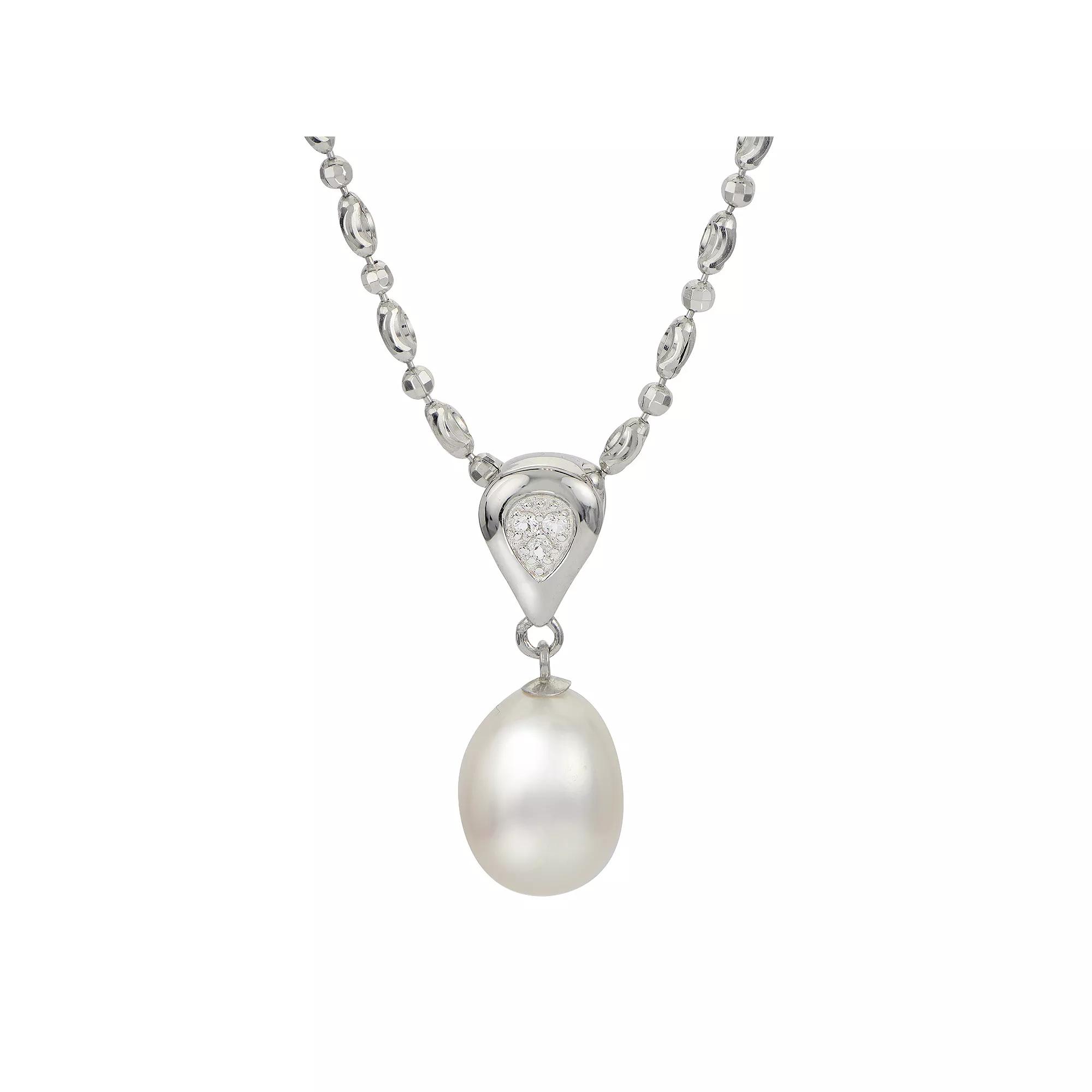 PearLustre by Imperial Sterling Silver Freshwater Cultured Pearl & White Topaz Heart Pendant Necklace, Womens Product Image